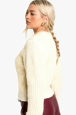 Cardigans|Knitwear*boohoo Sequin Knitted Zip Through Bomber Cardigan cream