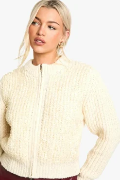 Cardigans|Knitwear*boohoo Sequin Knitted Zip Through Bomber Cardigan cream