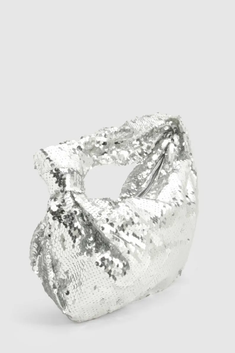 Handbags*boohoo Sequin Knot Detail Grab Bag silver