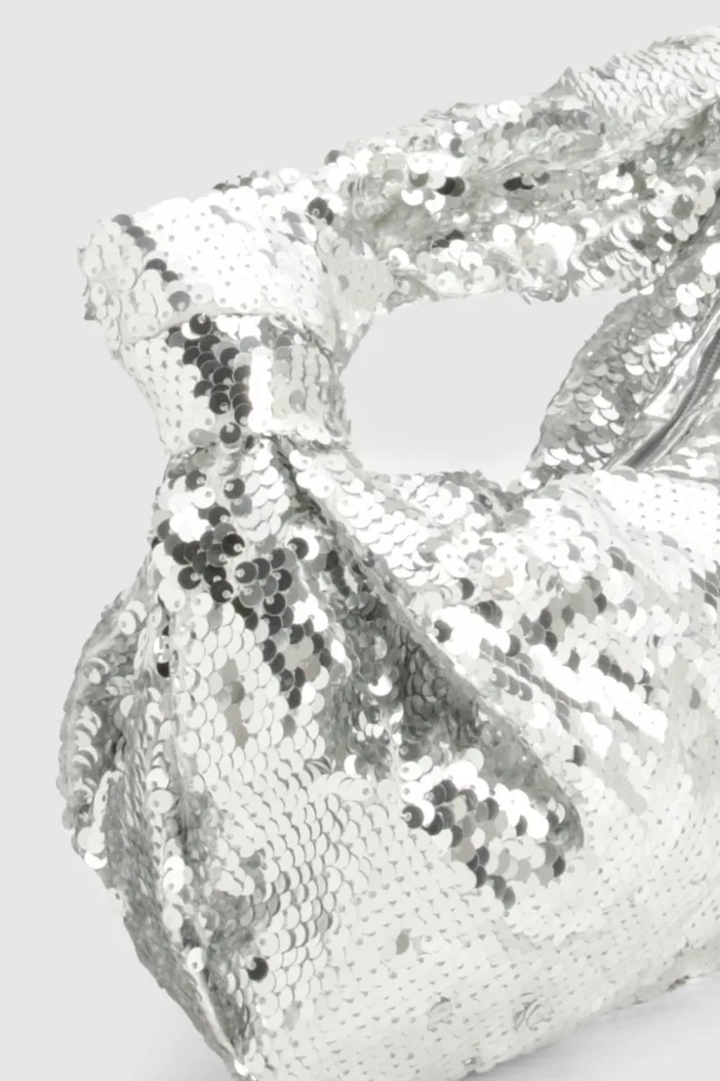 Handbags*boohoo Sequin Knot Detail Grab Bag silver
