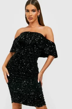 Midi Dresses*boohoo Sequin Off The Shoulder Midi Party Dress black