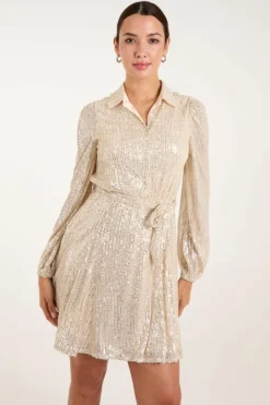Shirt Dresses*Blue Vanilla Sequin Shirt Dress Gold
