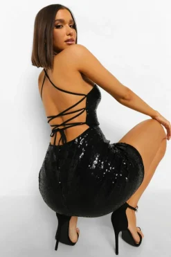 Mini Dresses*boohoo Sequin Strappy Back Bodycon Dress black