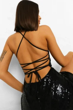 Mini Dresses*boohoo Sequin Strappy Back Bodycon Dress black