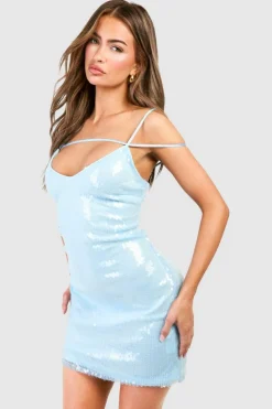 Cami Dresses*boohoo Sequin Strappy Mini Slip Dress pale blue