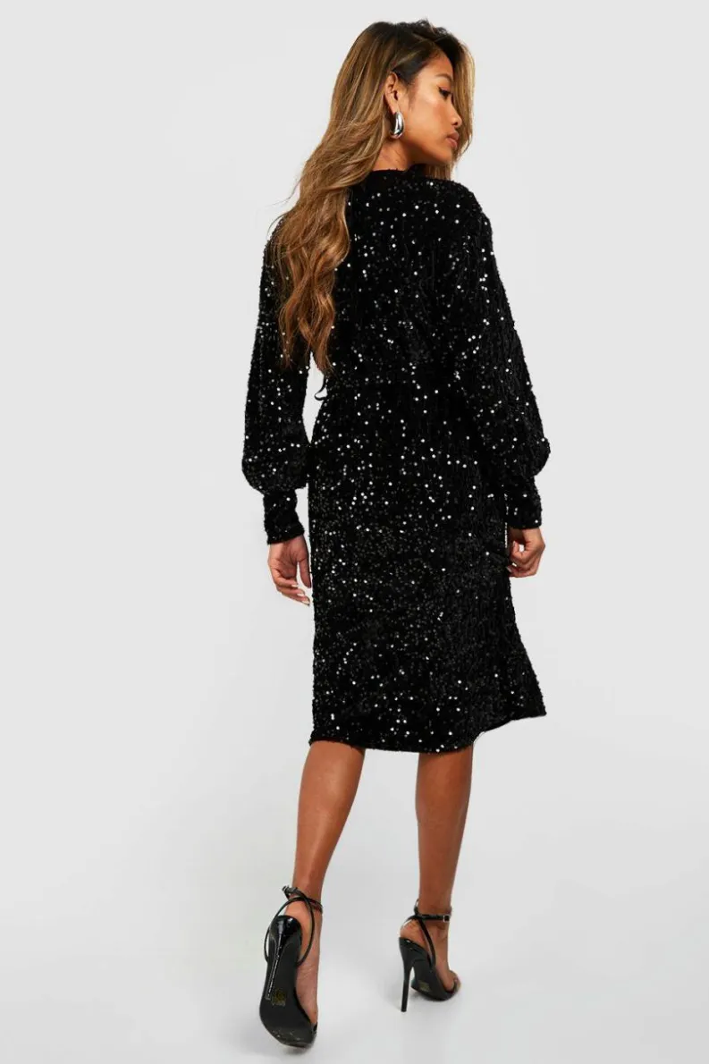 Wrap Dresses|Midi Dresses*boohoo Sequin Wrap Belted Midi Party Dress black