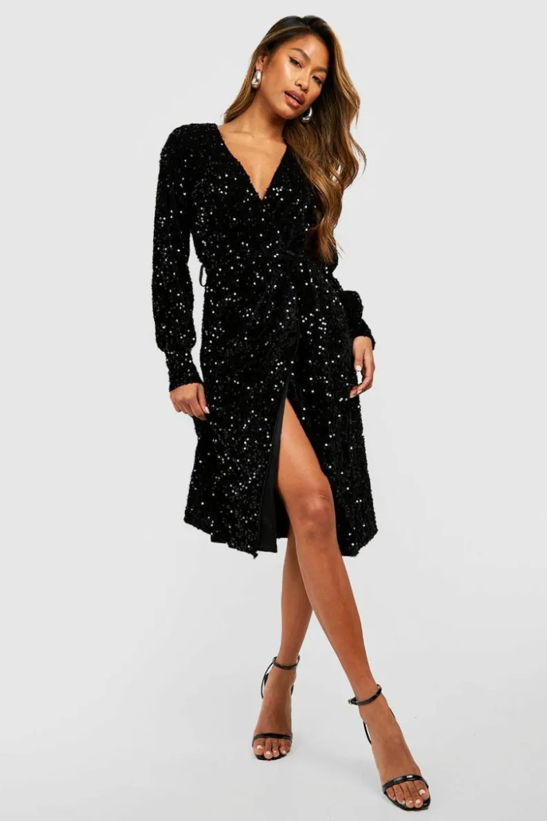 Wrap Dresses|Midi Dresses*boohoo Sequin Wrap Belted Midi Party Dress black