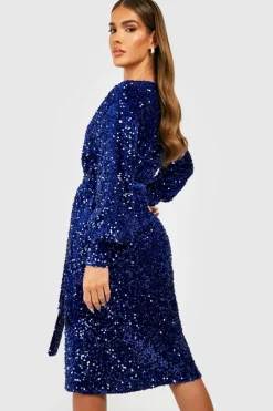 Wrap Dresses|Midi Dresses*boohoo Sequin Wrap Belted Midi Party Dress navy