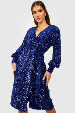 Wrap Dresses|Midi Dresses*boohoo Sequin Wrap Belted Midi Party Dress navy