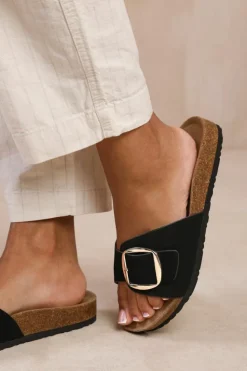 Sandals*Where's That From Sequoia' Flat Single Strap Sandals With Buckle Detail Black
