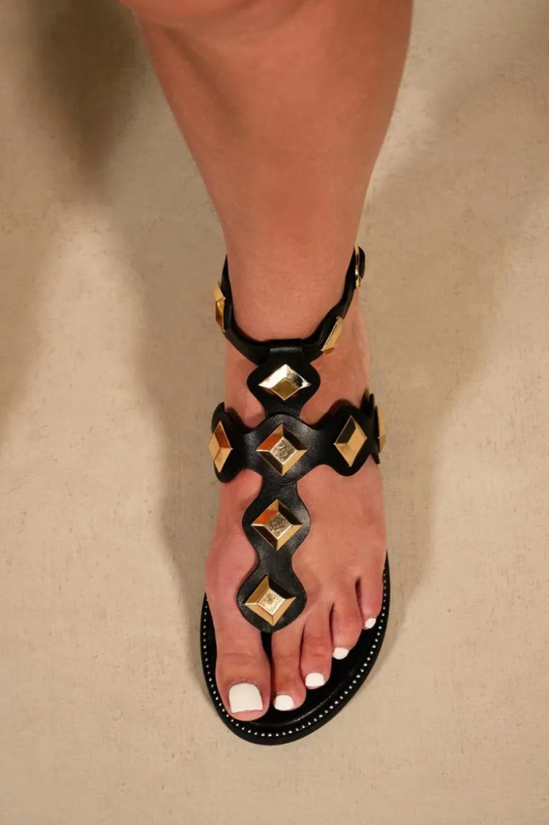 Sandals*Where's That From Sharyn' Toe Post Sandals With Ankle Strap And Studs Black