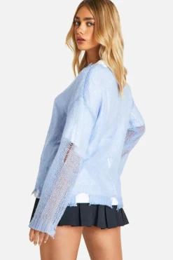 Oversized Jumpers|Jumpers*boohoo Sheer Distressed Oversized Lightweight Jumper blue