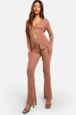 Knitted Co-Ords*boohoo Sheer Fine Knitted Shirt And Flared Trouser Set camel