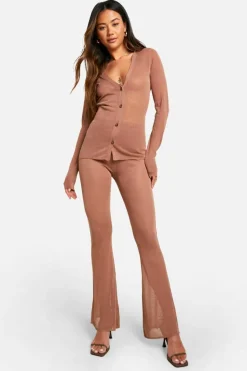 Knitted Co-Ords*boohoo Sheer Fine Knitted Shirt And Flared Trouser Set camel