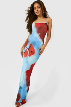 Cami Dresses*boohoo Sheer Floral Strappy Maxi Dress blue
