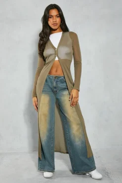 Cardigans*MissPap Sheer Knit Button Detail Maxi Cardigan khaki