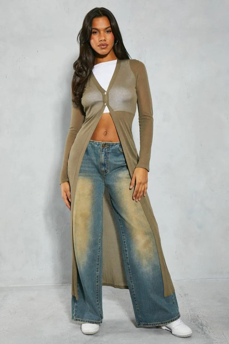 Cardigans*MissPap Sheer Knit Button Detail Maxi Cardigan khaki
