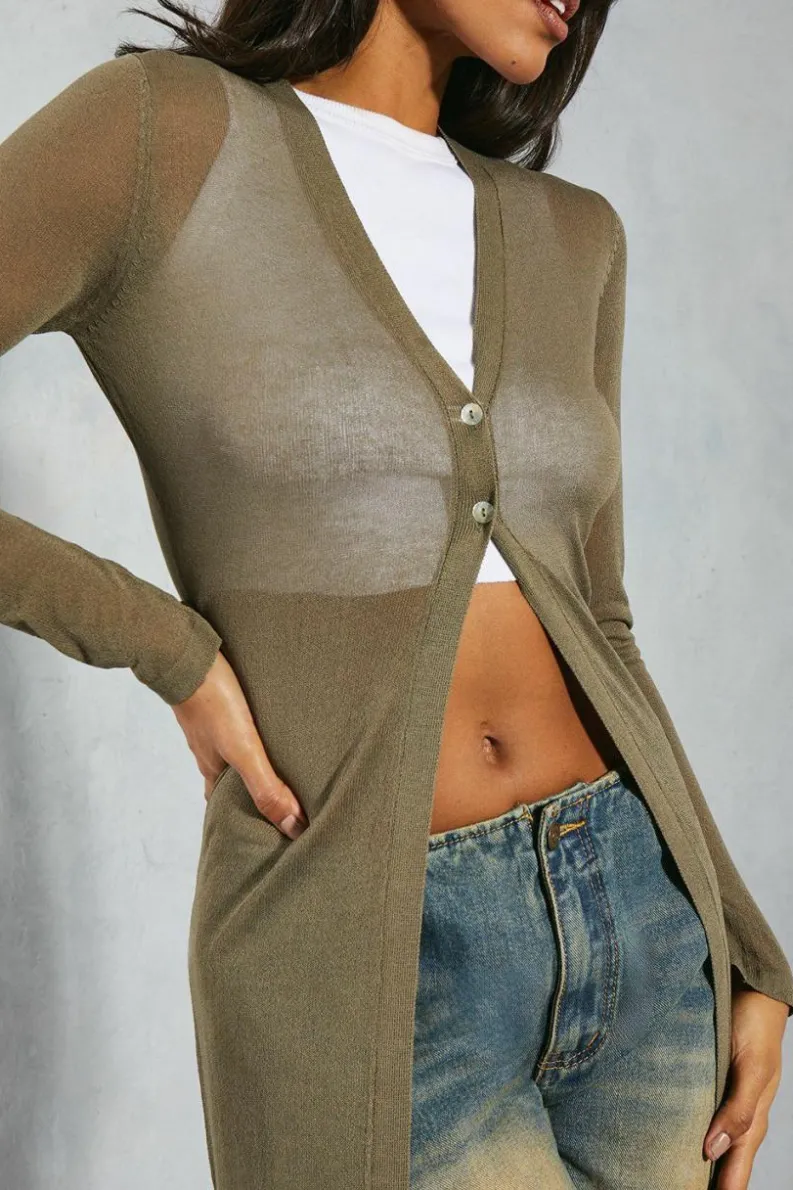Cardigans*MissPap Sheer Knit Button Detail Maxi Cardigan khaki