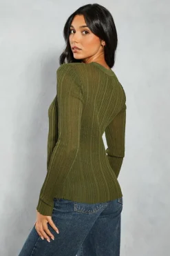 Knitted Tops|Long Sleeve Tops*MissPap Sheer Knitted Ribbed Long Sleeve Top khaki