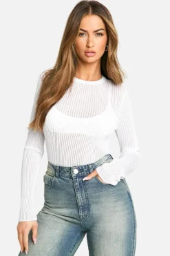 Jumpers*boohoo Sheer Rib Knit Long Sleeve Jumper white