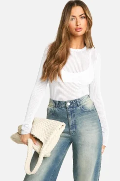Jumpers*boohoo Sheer Rib Knit Long Sleeve Jumper white