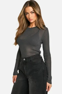 Jumpers|Jumpers & Cardigans*boohoo Sheer Rib Knit Long Sleeve Jumper charcoal