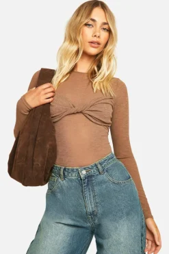 Long Sleeve Tops*boohoo Sheer Rib Twist Front Long Sleeve Top brown