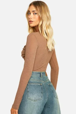 Long Sleeve Tops*boohoo Sheer Rib Twist Front Long Sleeve Top brown