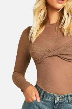 Long Sleeve Tops*boohoo Sheer Rib Twist Front Long Sleeve Top brown