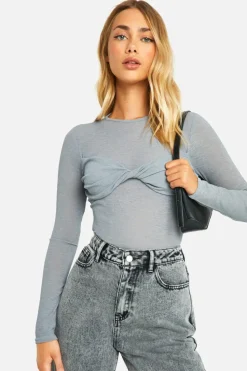 Long Sleeve Tops*boohoo Sheer Rib Twist Front Long Sleeve Top dusty blue