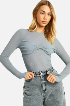 Long Sleeve Tops*boohoo Sheer Rib Twist Front Long Sleeve Top dusty blue