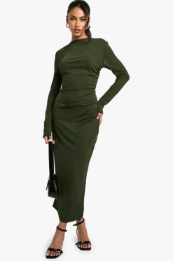 Maxi Dresses|Long Sleeve Dresses*boohoo Sheer Ruched Long Sleeve Maxi Dress forest