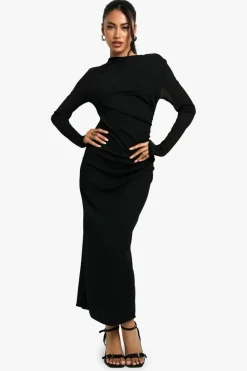 Maxi Dresses|Long Sleeve Dresses*boohoo Sheer Ruched Long Sleeve Maxi Dress black