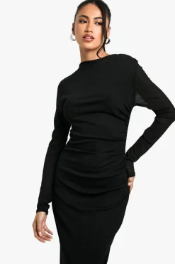 Maxi Dresses|Long Sleeve Dresses*boohoo Sheer Ruched Long Sleeve Maxi Dress black