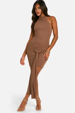 Bodycon Dresses*boohoo Sheer Tie Waist Halterneck Mini Dress mocha