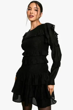 Skater Dresses*boohoo Sheered Long Sleeve Ruffle Mini Dress black