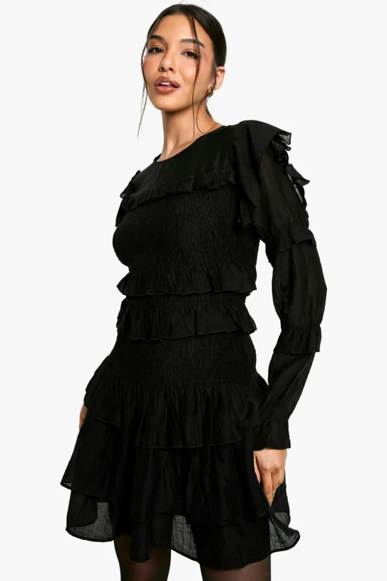 Skater Dresses*boohoo Sheered Long Sleeve Ruffle Mini Dress black