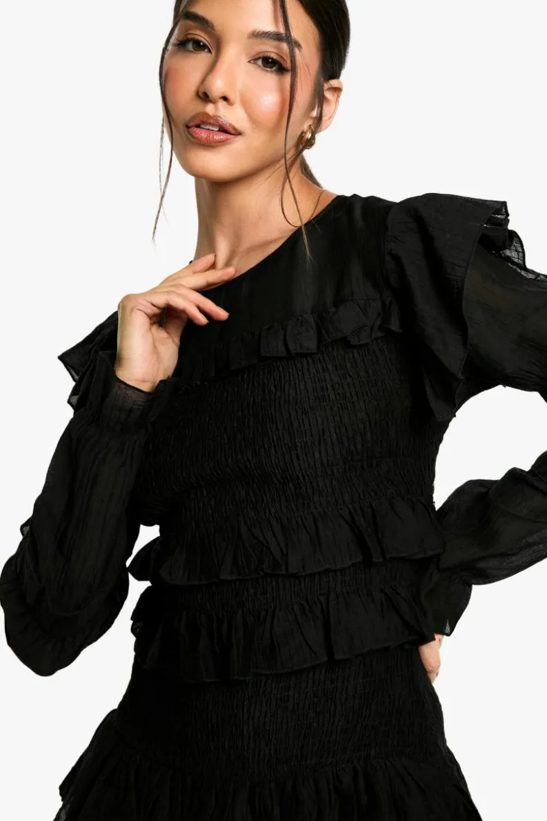 Skater Dresses*boohoo Sheered Long Sleeve Ruffle Mini Dress black