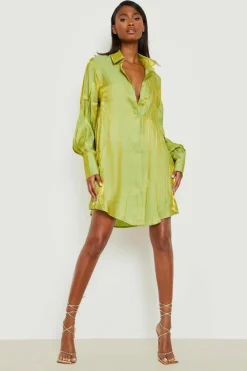 Shirt Dresses*boohoo Shimmer Oversized Volume Sleeve Shirt Dress green