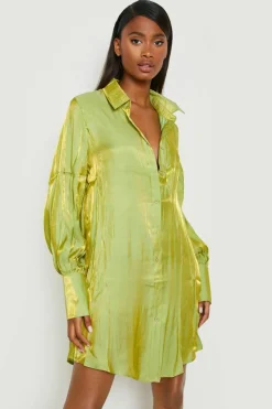 Shirt Dresses*boohoo Shimmer Oversized Volume Sleeve Shirt Dress green