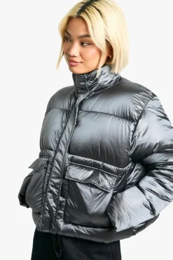 Up To 80% Off Winter Warmers|Puffer Jackets*boohoo Shiny Boxy Puffer Jacket silver