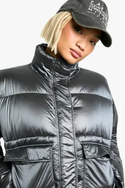 Up To 80% Off Winter Warmers|Puffer Jackets*boohoo Shiny Boxy Puffer Jacket silver