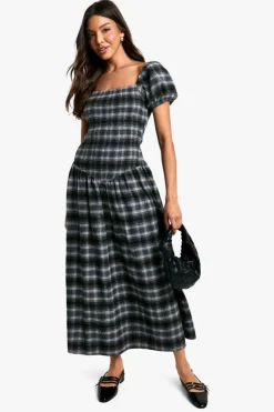 Smock Dresses*boohoo Shirred Check Midaxi Dress black
