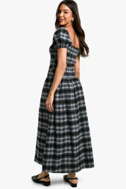 Smock Dresses*boohoo Shirred Check Midaxi Dress black