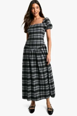 Smock Dresses*boohoo Shirred Check Midaxi Dress black