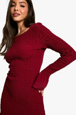 Bodycon Dresses|Mini Dresses*boohoo Shirred Long Sleeve Mini Dress burgundy