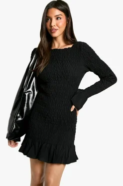 Bodycon Dresses|Mini Dresses*boohoo Shirred Long Sleeve Mini Dress black