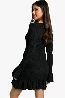 Bodycon Dresses|Mini Dresses*boohoo Shirred Long Sleeve Mini Dress black
