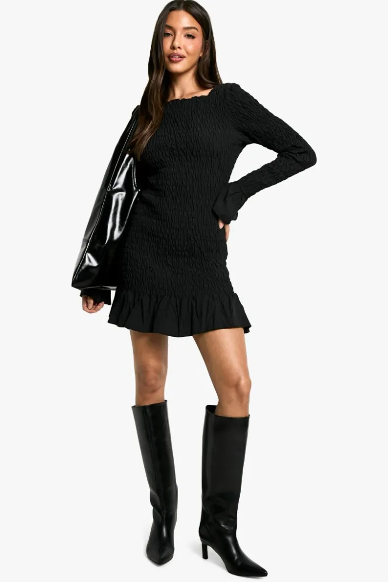 Bodycon Dresses|Mini Dresses*boohoo Shirred Long Sleeve Mini Dress black