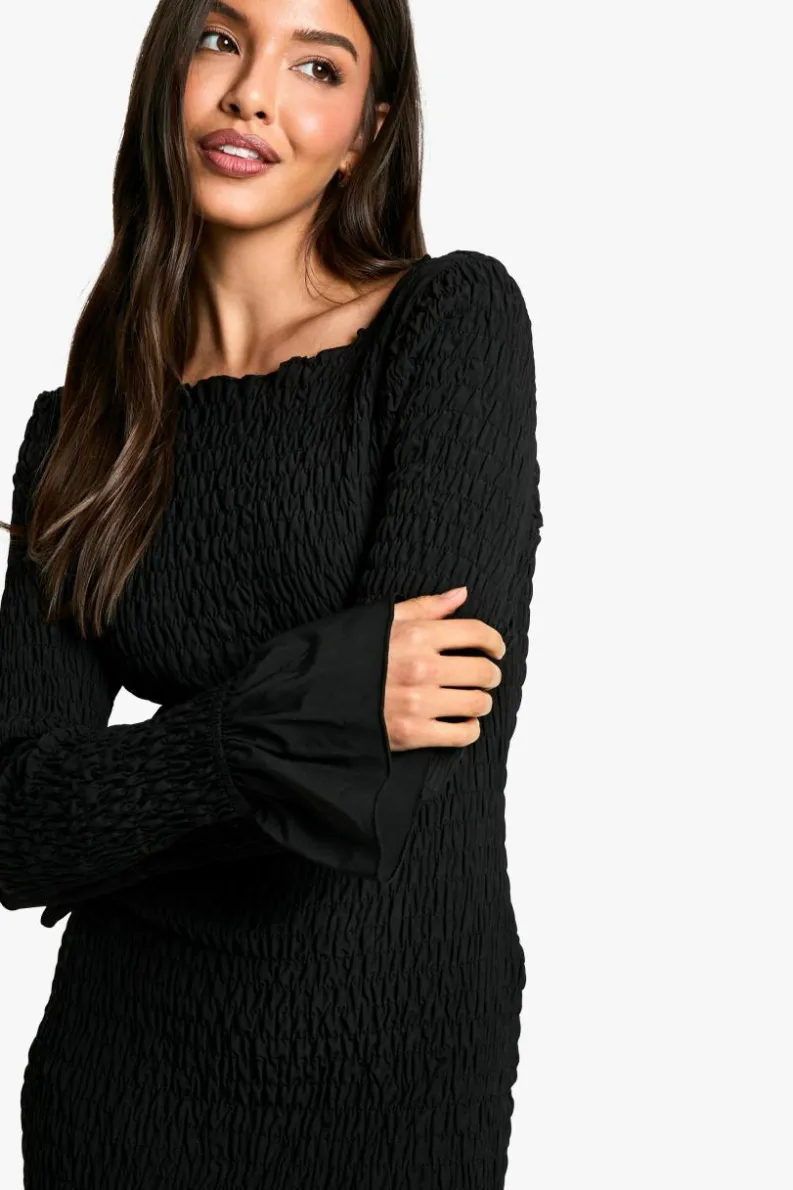 Bodycon Dresses|Mini Dresses*boohoo Shirred Long Sleeve Mini Dress black